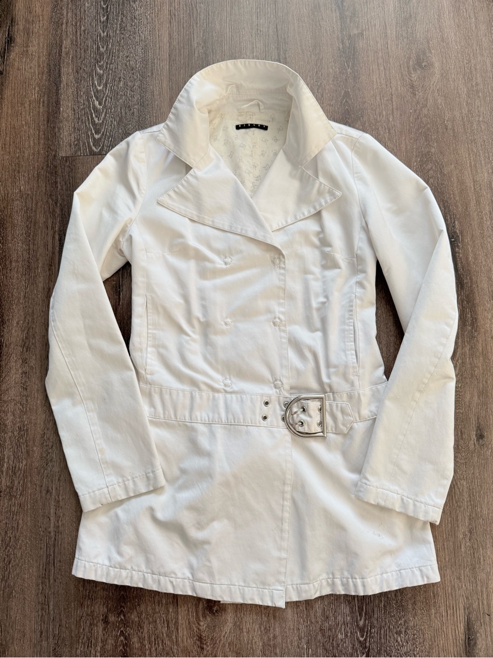 Vintage Sisley White Belted Trench Coat size XS S Y2K Cotton Blend Made in Italy